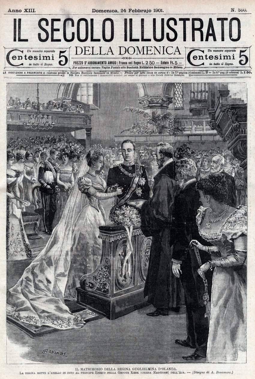 Bryllup av dronning Wilhelmina av Nederland og hertug Henrik av Meckleburg 1901 - Bryllup til dronning Wilhelmina av Nederland (1880-1962) og hertug Henrik av Meckleburg Schwerin (1876-1934) - forside av "Il secolo illustrato" av 24. februar av Italian School