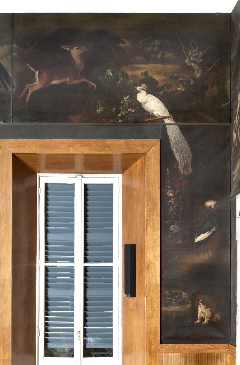 Hvit påfugl, rådyr og grå kronet trane, Myth of Orpheus av Italian School
