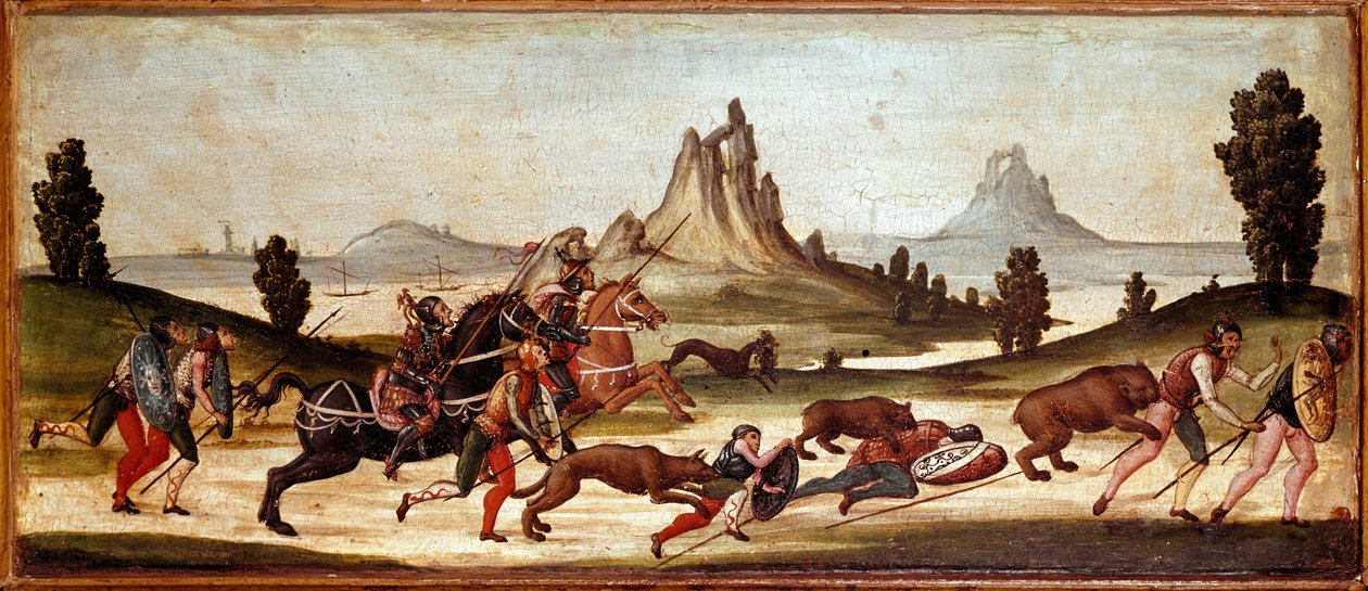 Wildlife Hunting Scene Jegere blir bitt av dyr. Maleri av den Sienesiske skole. Firenze fra 1400-tallet, Museo Nazionale del Bargello av Italian School