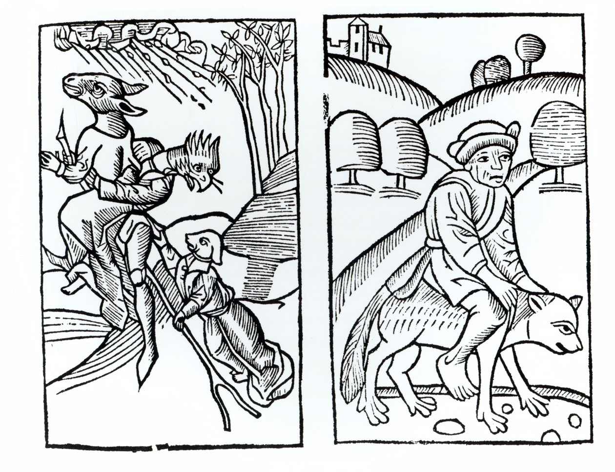 Hekser forkledd som dyr som rir på et kosteskaft (til venstre) og en mannlig heks som rir på en ulv (til høyre), kopier av illustrasjoner fra Compendium Maleficarum av Fr M Guaccius, Milano 1608, brukt i History of Magic av Italian School