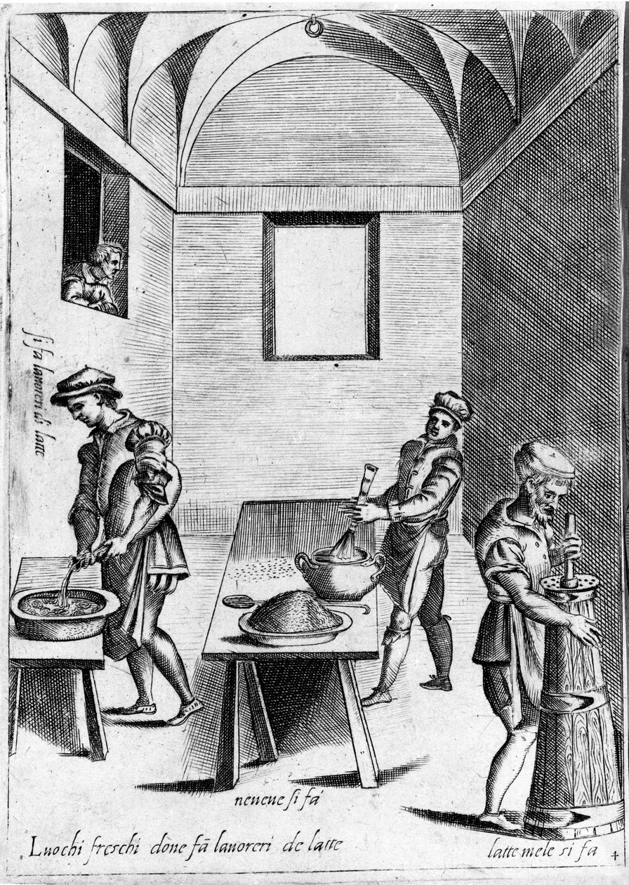 Arbeidsmelk (meieriprodukt) på et kjølig sted. Gravering fra "Opera", bok om gastronomi delt i 6 deler, av Bartolomeo Scappi, personlig kokk til pave Pius V. Venezia av Italian School
