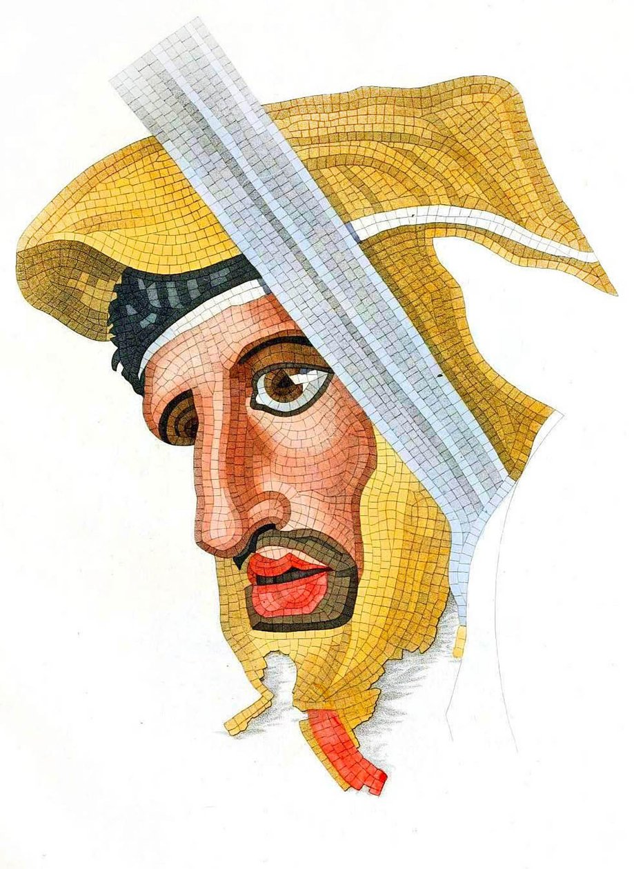 gulvmosaikk, leder av en persisk soldat, fjernet fra Casa del Fauno (Faunens hus), 1831 av Italian School