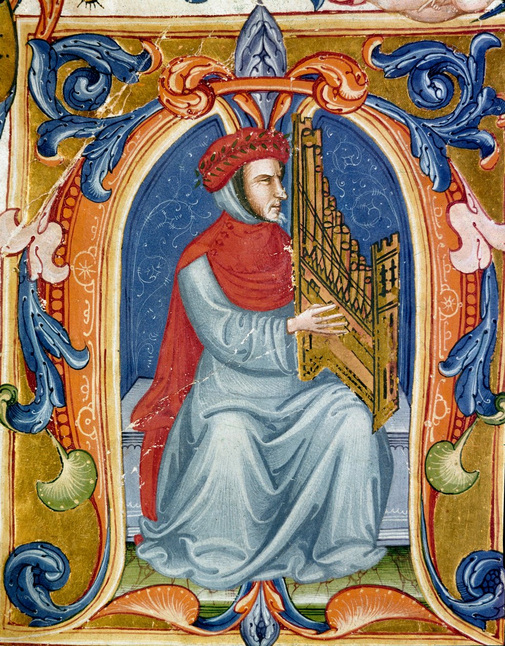 portrett av Francesco Landini eller Landino som spiller orgel (1325 1397) italiensk komponist, organist, sanger, poet. Miniatyr av Codex Squarcialupi fra 1400-tallet. Firenze, bibliotek Laurenziana, Ms. Med. Pal. 87. av Italian School