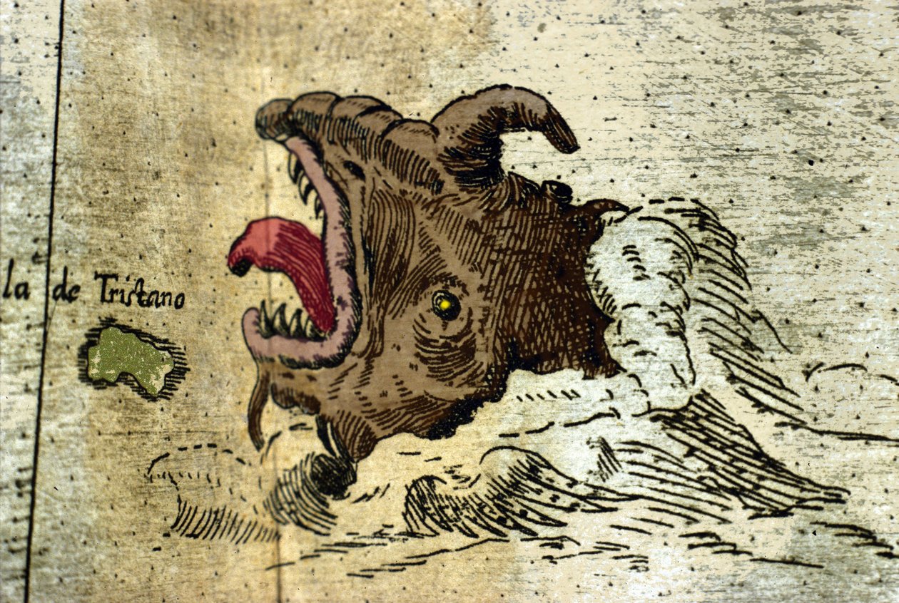 representasjon av et marint monster nær Tristan da Cunha-skjærgården. Detalj av Atlas of Urbano Monte av Italian School