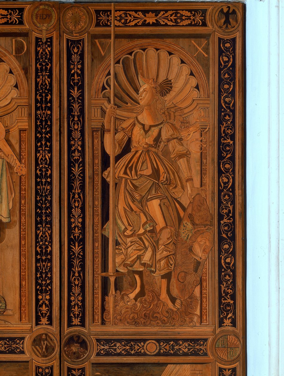 Detalj av en av dørene ved Sala degli Angelo, Palazzo Ducale, Urbino (tre) av Italian School Italian School