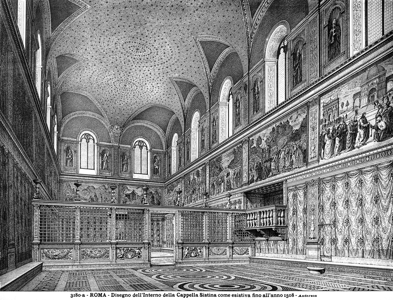 Tegning som viser interiøret i Det sixtinske kapell før renoveringen i 1508 av Italian School Italian School