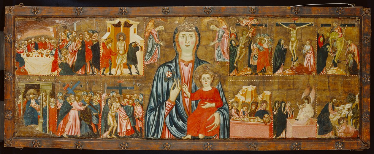 Madonna og barn og to engler med tolv scener fra lidenskapen, ca. 1310 (tempera på panel) av Italian School Italian School