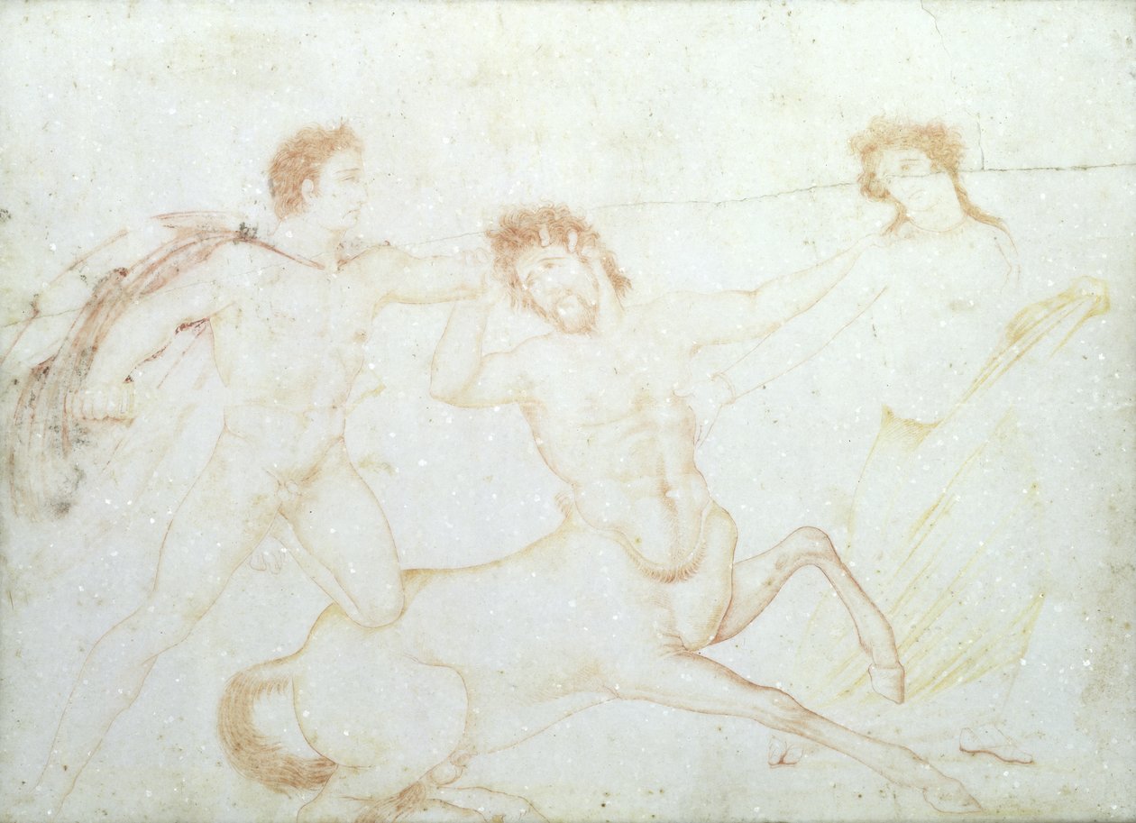The Death of a Centaur, muligens Eurytus og Pirithous, Herculaneum (enkaustisk maling på marmor) av Italian School Italian School