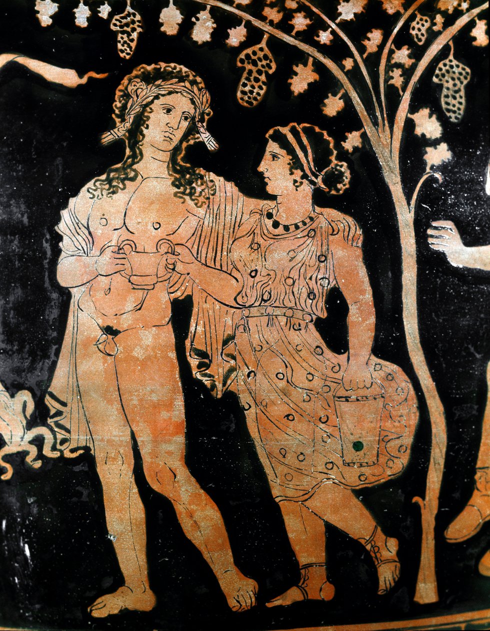 Detalj av en vase fra Ruvo i Puglia (Puglia) viser et par unge ektepar. De holder en kopp vin i hendene. 4. århundre f.Kr. Museo Archeologico Nazionale Napoli av Italic