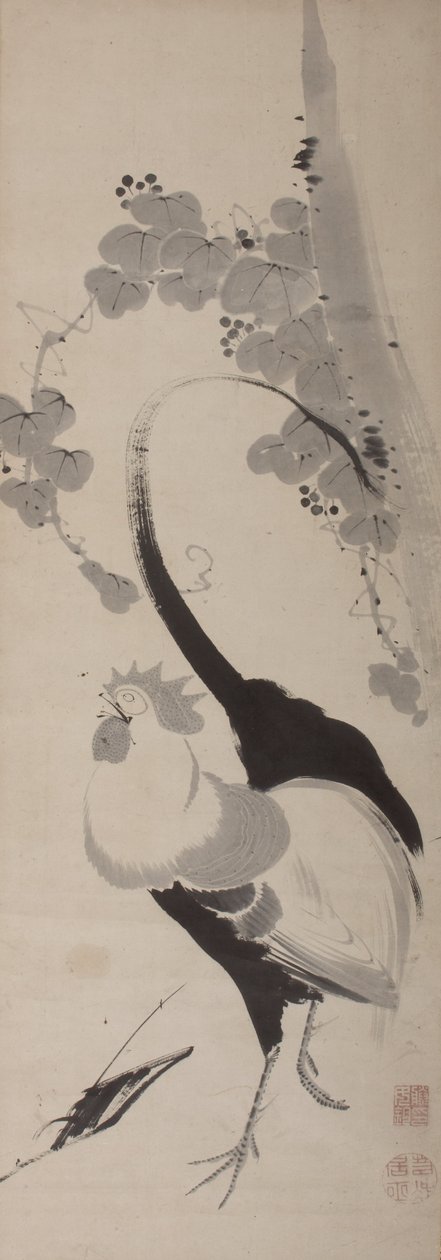 Rooster and Grapevine, Hanging Scroll, Edo Period (blekk på papir) av Ito attr. to Jakuchu