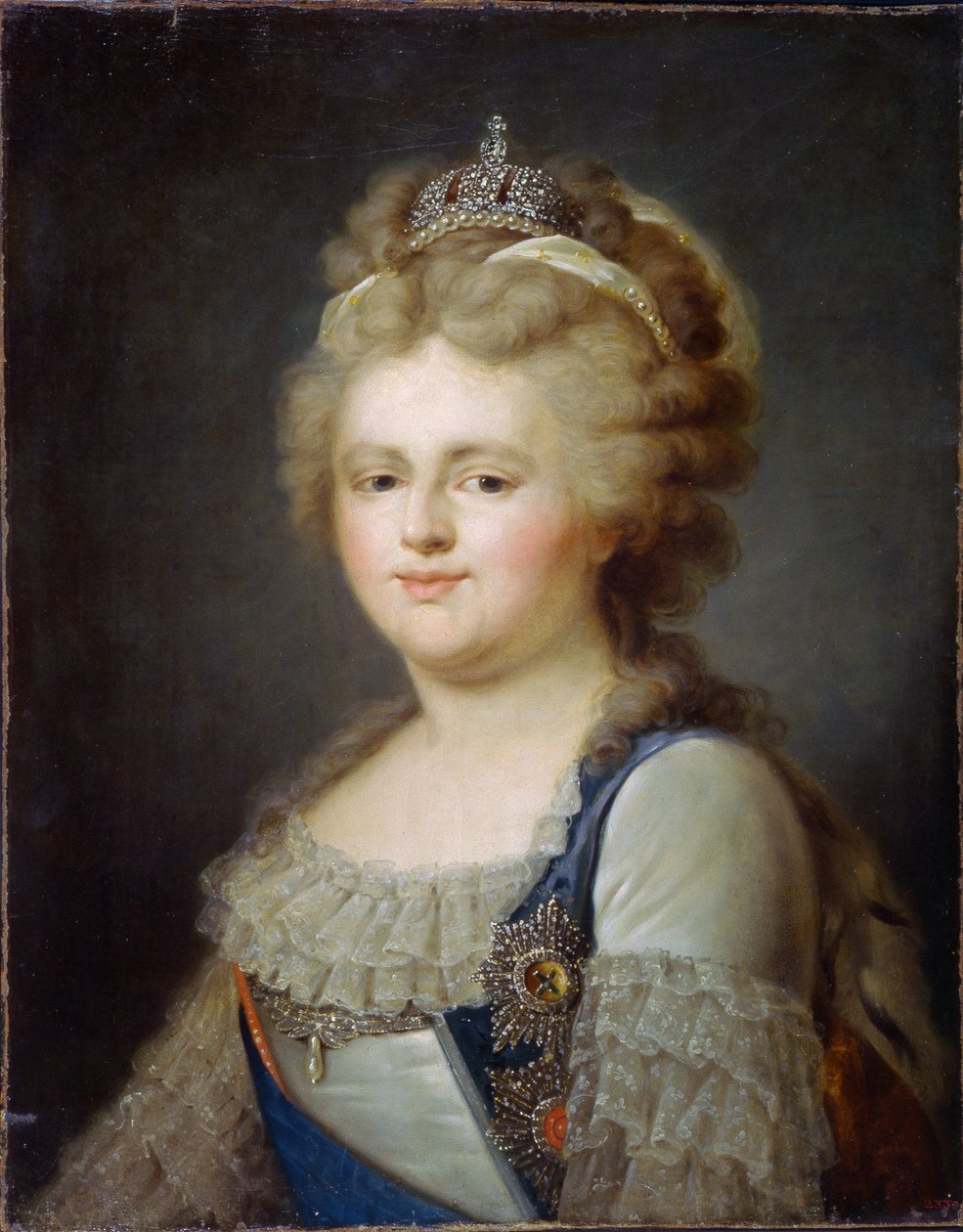 Portrett av keiserinne Marie Fiodorovna (nee Sophie Dorothee de Württemberg Montbeliard) (1759-1828)(Portrett av keiserinne Maria Feodorovna). Maleri av Ivan Afanasievich Pustynin (1769- etter 1812), olje på lerret, etter 1796. Russisk kunst av Ivan Afanasievich Pustynin