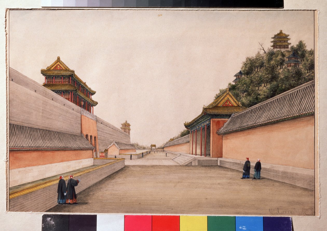 Vinterpalasset i Pekin, i kinesisk skisseserie (kinesiske skisser, vinterpalasset i Beijing). Maleri av Ivan Petrovich Alexandrov (1780-1818). Akvarell på papir, 21,5 x 28,3 cm av Ivan Alexandrov