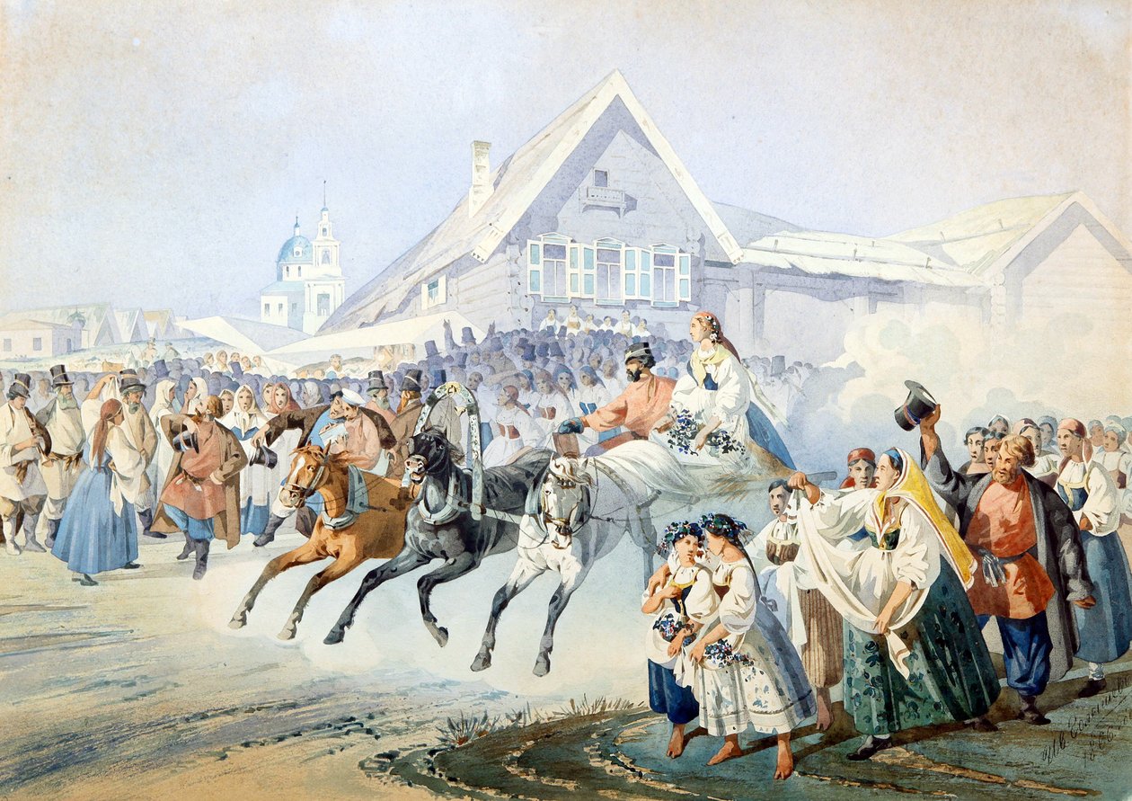 Scene de mariage - Wedding Scene par Golyshev, Ivan Alexandrovich (1838-1896), - Lithograph, watercolour, 33,5x47 - Private Collection   1397985   no       norwegian Successfully Translated  Original: Gerrit de Jong Translat: Gerrit de Jong 1255130 no norw av Ivan Alexandrovich Golyshev