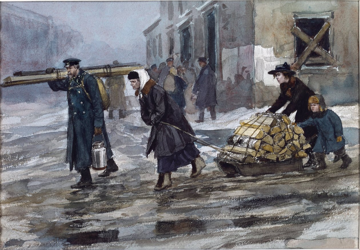 En familie av en ingeniør som drar hjem litt drivstoff av Vladimirov, Ivan Alexeyevich (1869-1947). Akvarell, Gouache på papir av Ivan Alexeyevich Vladimirov