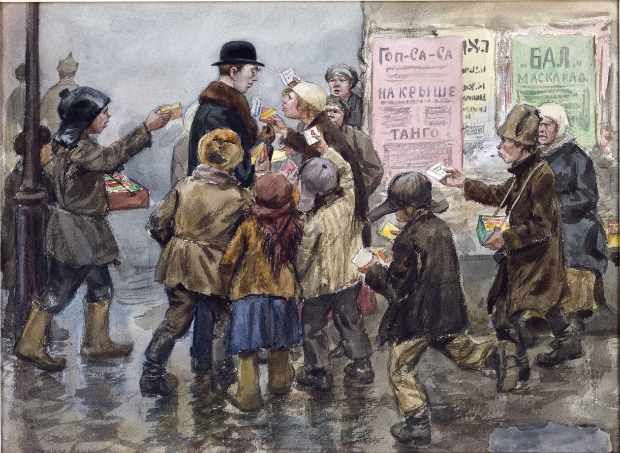 En utlending angrepet av sigarettselgere i Petrograd av Vladimirov, Ivan Alexeyevich (1869-1947). Akvarell, Gouache på papir av Ivan Alexeyevich Vladimirov