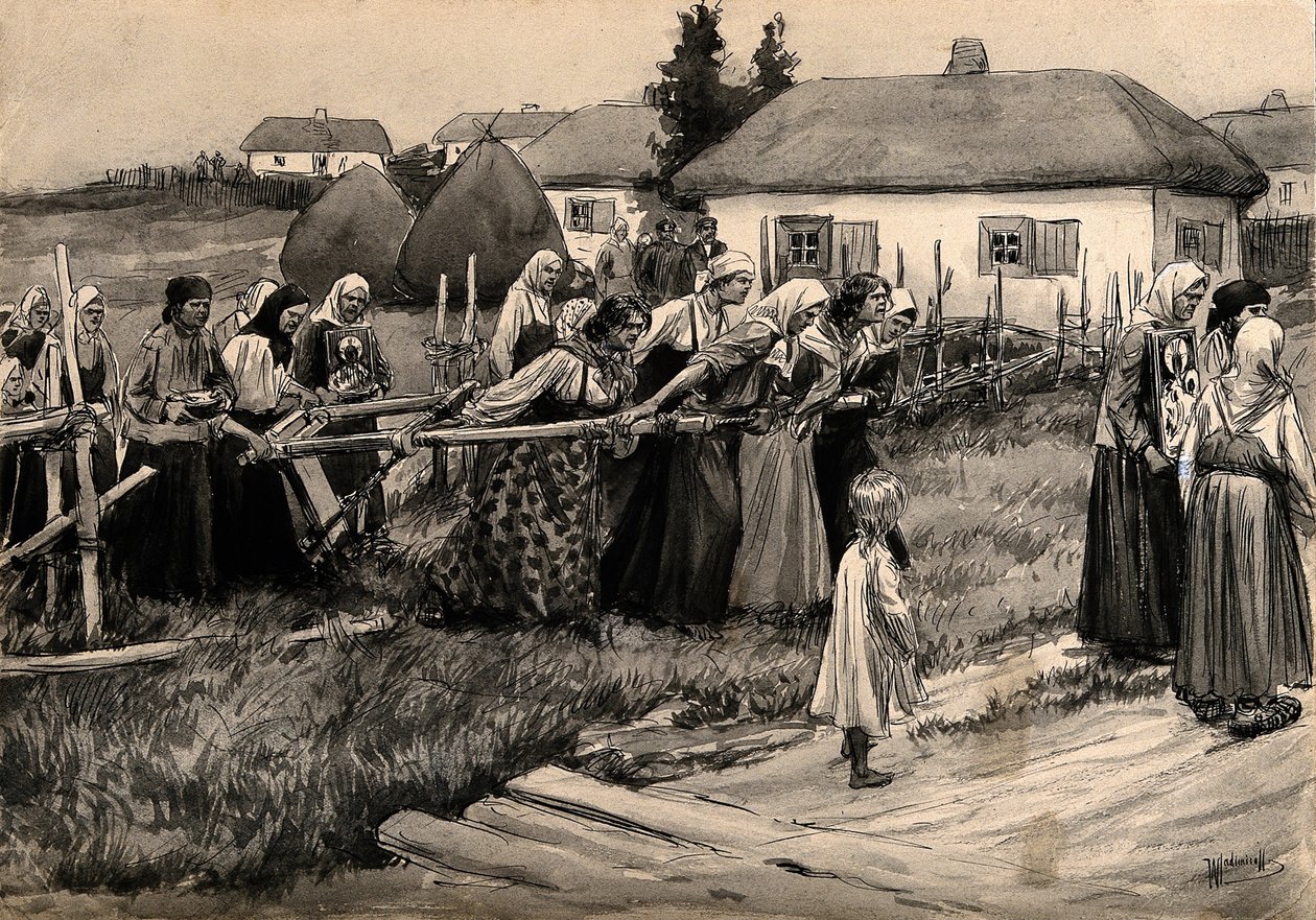 En religiøs koleraprosesjon på landsbygda i Russland fra serien med akvareller den russiske revolusjonen, av Ivan Alexeyevich Vladimirov