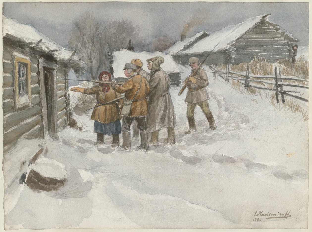 Før ransaking og beslag fra serien med akvareller russisk revolusjon, 1920 av Ivan Alexeyevich Vladimirov
