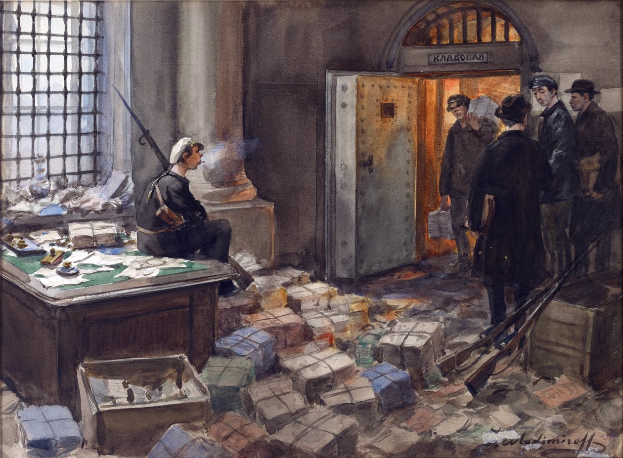 Obligasjonskonfiskering i Wawelbergbanken i Petrograd av Vladimirov, Ivan Alexeyevich (1869-1947). Akvarell, Gouache på papir av Ivan Alexeyevich Vladimirov