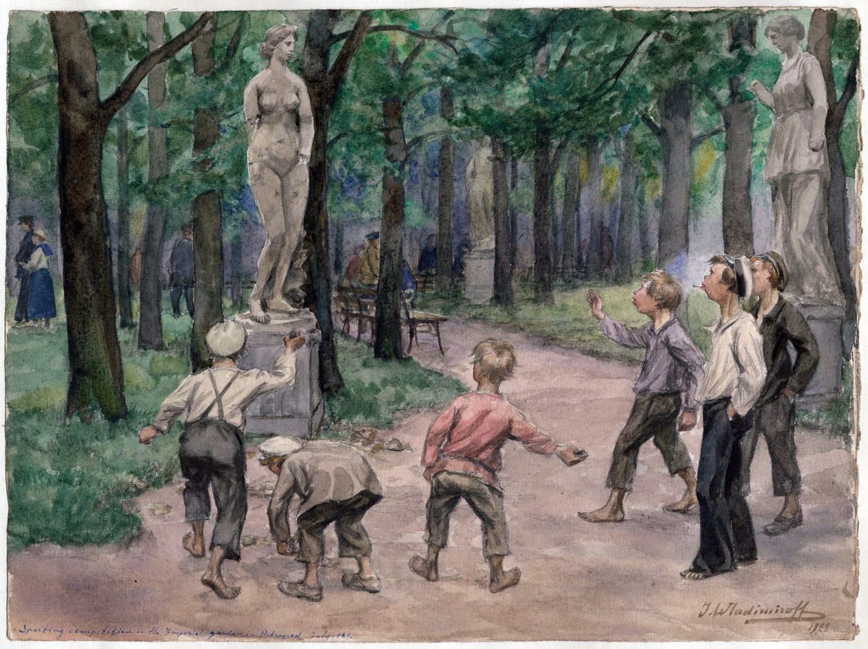Sportskonkurranse i Imperial Garden, Saint Petersburg (barn kaster steiner mot en statue av en naken kvinne) - Sportskonkurranse i Imperial Gardens: Petrograd, juli 1921 (fra serien med akvareller russiske revolusjonen) - Vladim av Ivan Alexeyevich Vladimirov