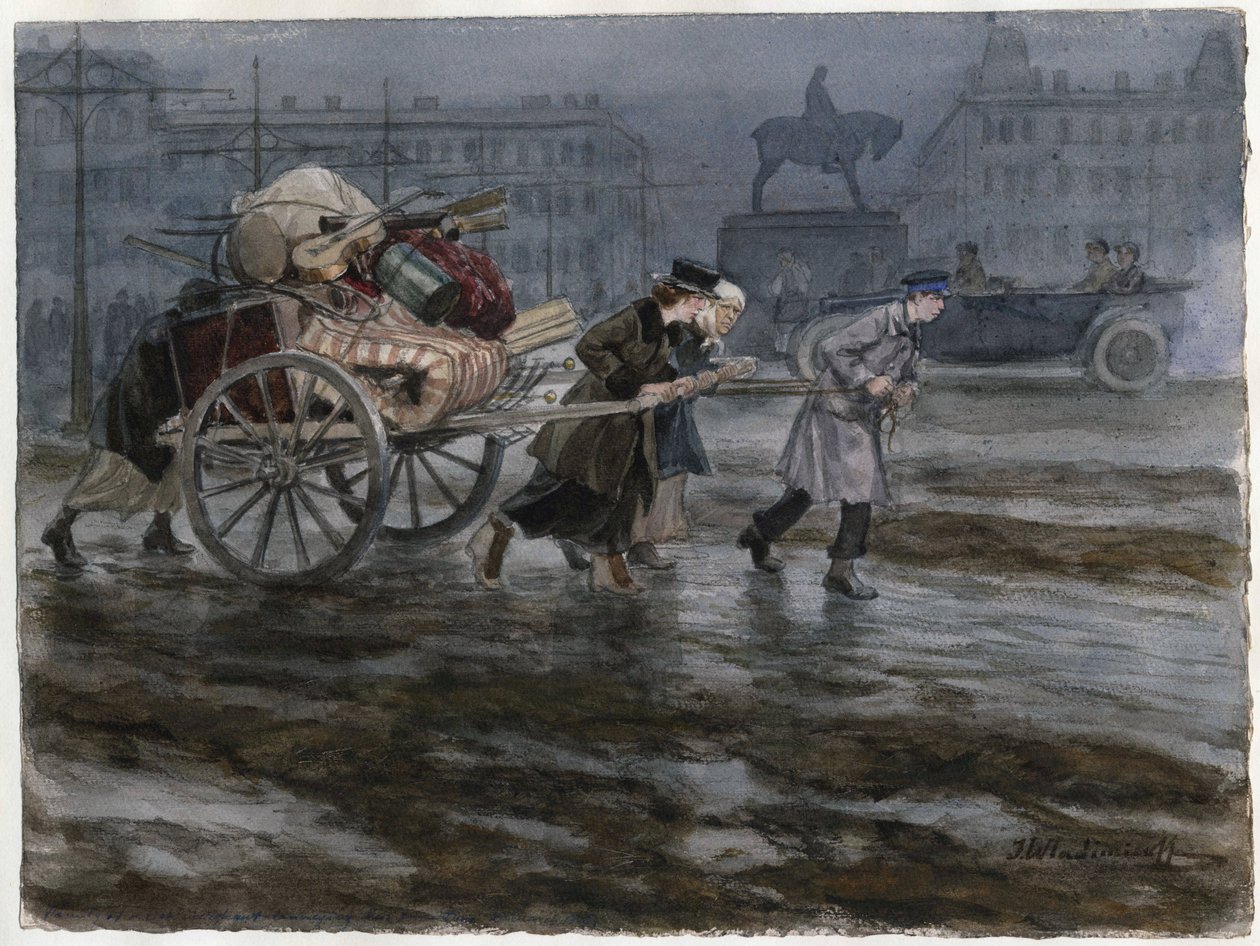 Famille demenageant ses affaires dans une charrette a bras - Familie flytter eiendelene sine på vogn (fra serien av akvareller russiske revolusjonen) - Vladimirov, Ivan Alexeyevich (1869-1947) - 1917-1918 - Akvarell på papir - 25,9x34,3 - Private Collec av Ivan Alexeyevich Vladimirov