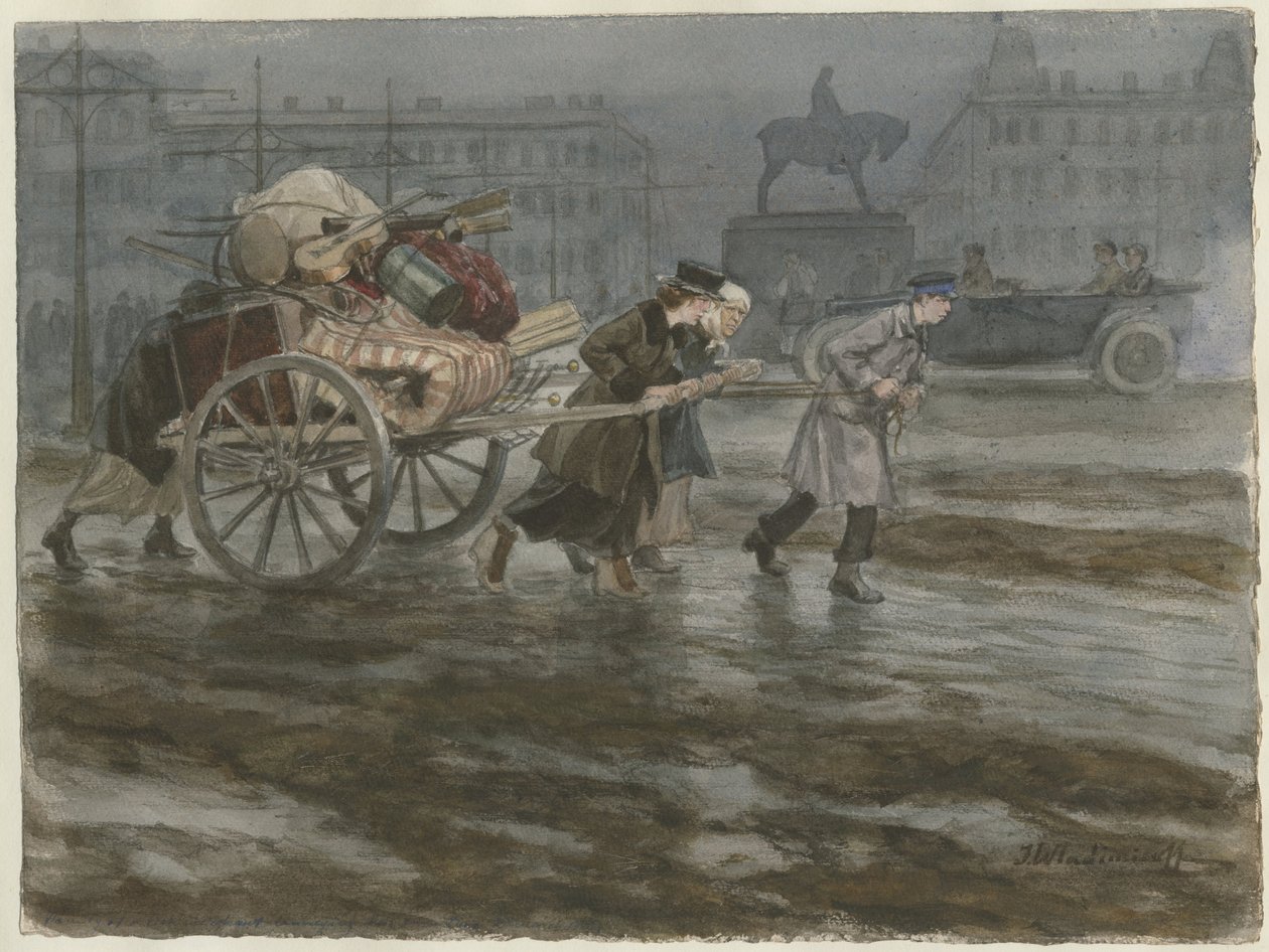 Familien flytter eiendelene sine på vogn fra serien med akvareller russisk revolusjon, 1917-1918 av Ivan Alexeyevich Vladimirov