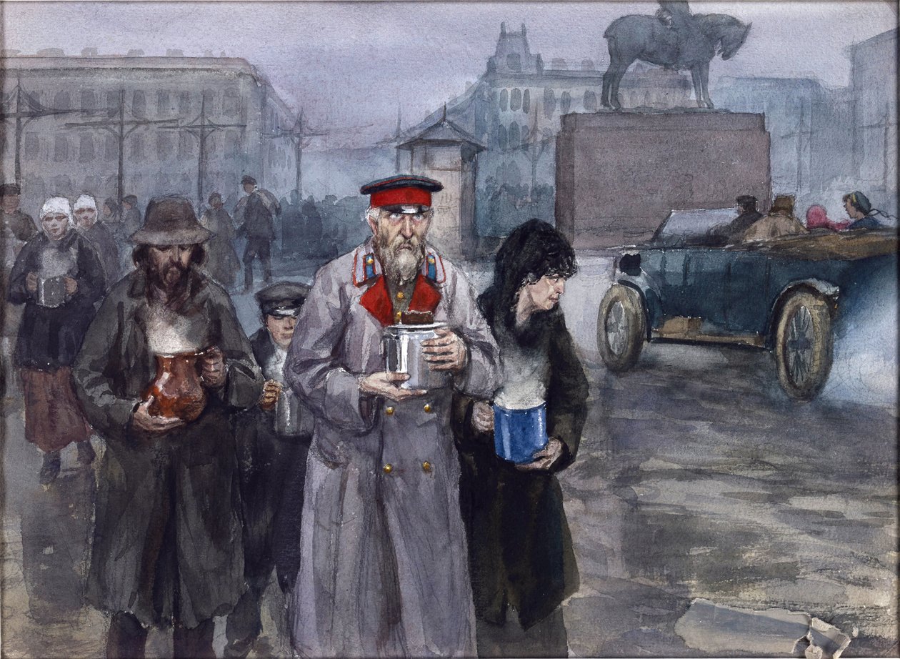 Sulten år i Petrograd. Retur fra et felles suppekjøkken av Vladimirov, Ivan Alexeyevich (1869-1947). Akvarell, Gouache på papir av Ivan Alexeyevich Vladimirov