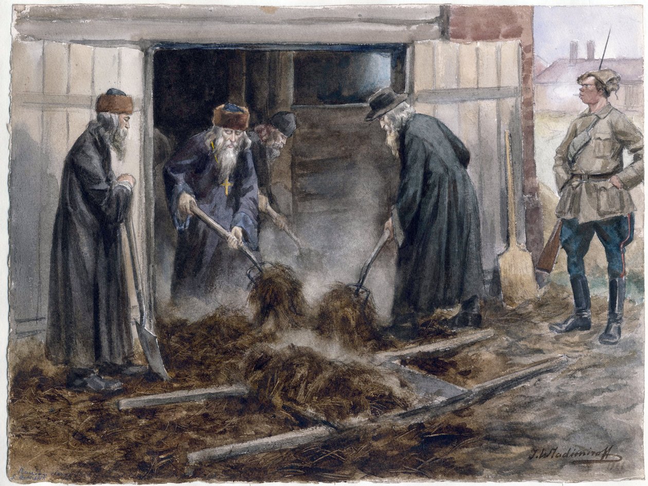 Le clerge russe pelletant le fumier - Russiske presteskap som måker høy: september 1918 (fra serien med akvareller russisk revolusjon) - Vladimirov, Ivan Alexeyevich (1869-1947) - 1918 - Akvarell på papir - 25,8x34,3 - Privat samling av Ivan Alexeyevich Vladimirov