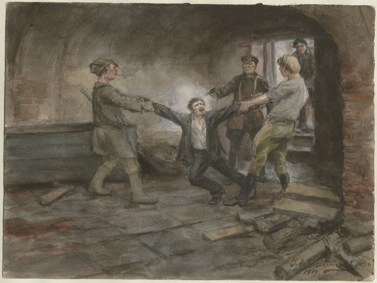 Mann blir holdt og henrettet fra serien med akvareller russiske revolusjonen, 1919 av Ivan Alexeyevich Vladimirov