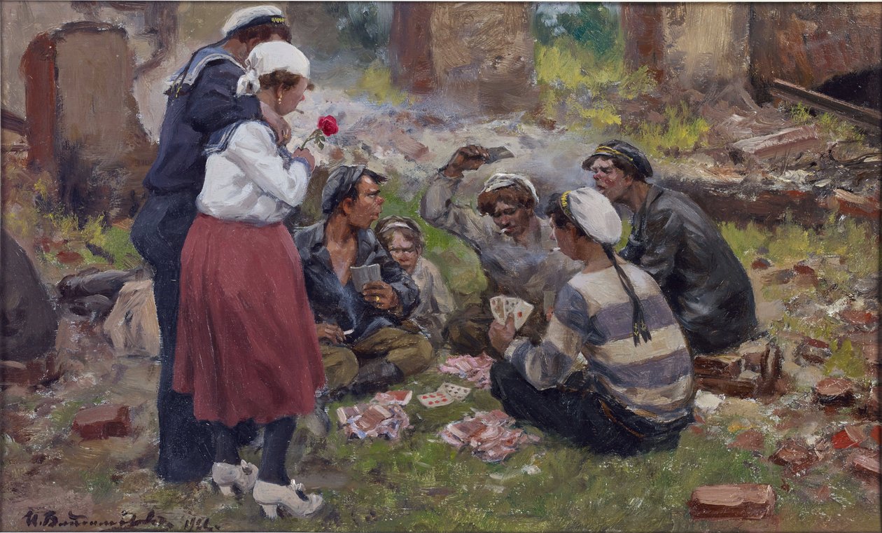 Sjømenn som spiller kort av Vladimirov, Ivan Alexeyevich (1869-1947). Olje på tre av Ivan Alexeyevich Vladimirov