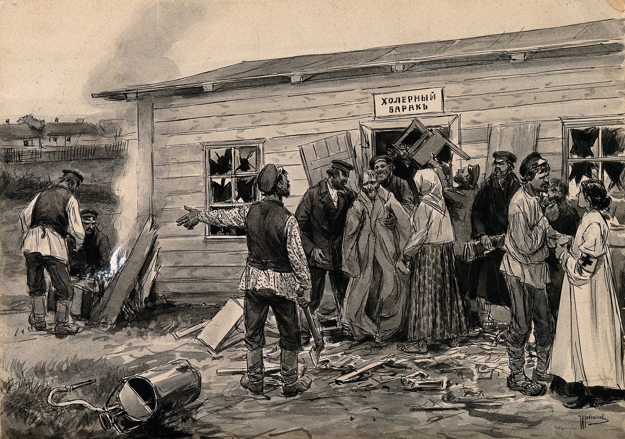 Scene i en kolerabrakke fra serien med akvareller den russiske revolusjonen, ca. 1920 av Ivan Alexeyevich Vladimirov