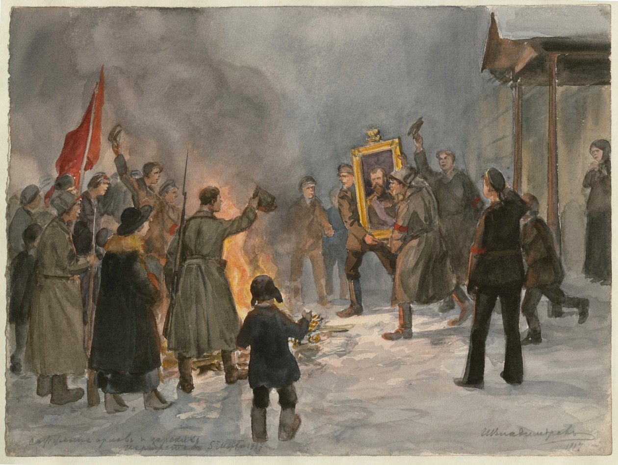 Soldater som brenner malerier (fra serien med akvareller russisk revolusjon) - Oeuvre de Ivan Alexeyevich Vladimirov (1869-1947) - 1917 - Akvarell på papir - 25,7x34,5 - Privat samling av Ivan Alexeyevich Vladimirov
