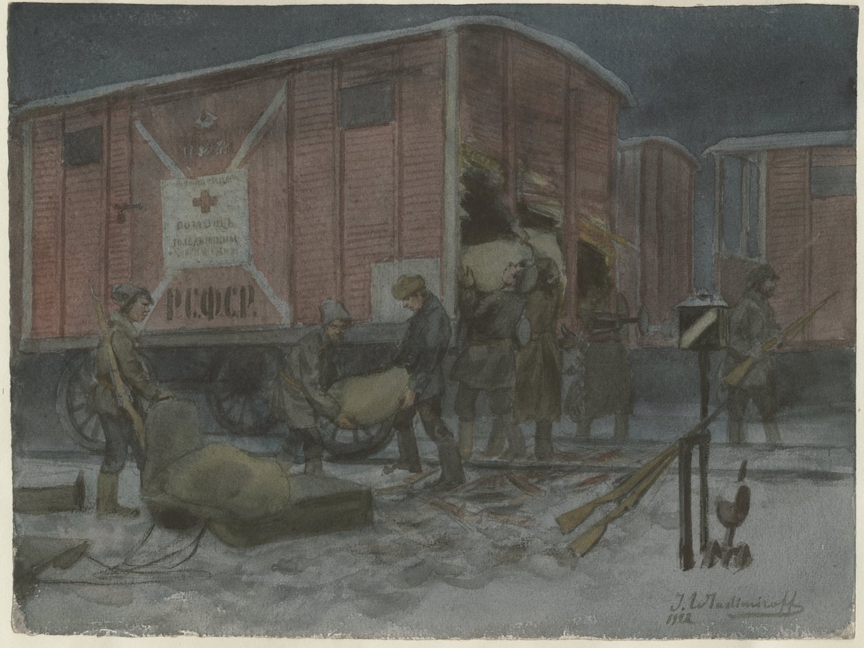 Soldater som plyndrer en jernbanevogn fra serien med akvareller russisk revolusjon, 1922 av Ivan Alexeyevich Vladimirov