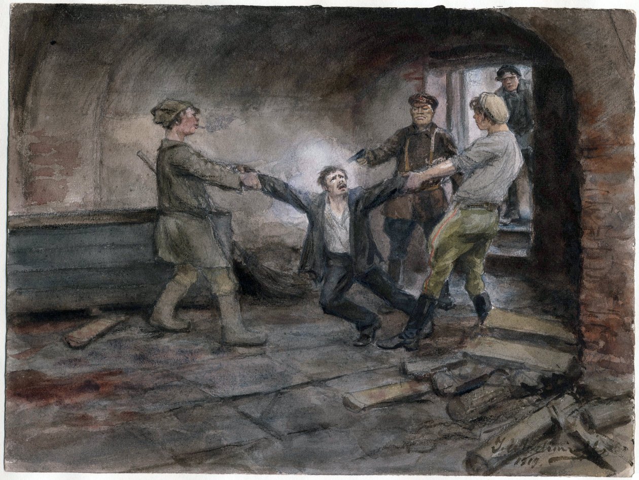 Un detenu emmene pour etre execute - Mann holdes og henrettes (fra serien av akvareller russiske revolusjonen) - Vladimirov, Ivan Aleksijevitsj (1869-1947) - 1919 - Akvarell på papir - 25,7x34,5 - Privat samling av Ivan Alexeyevich Vladimirov