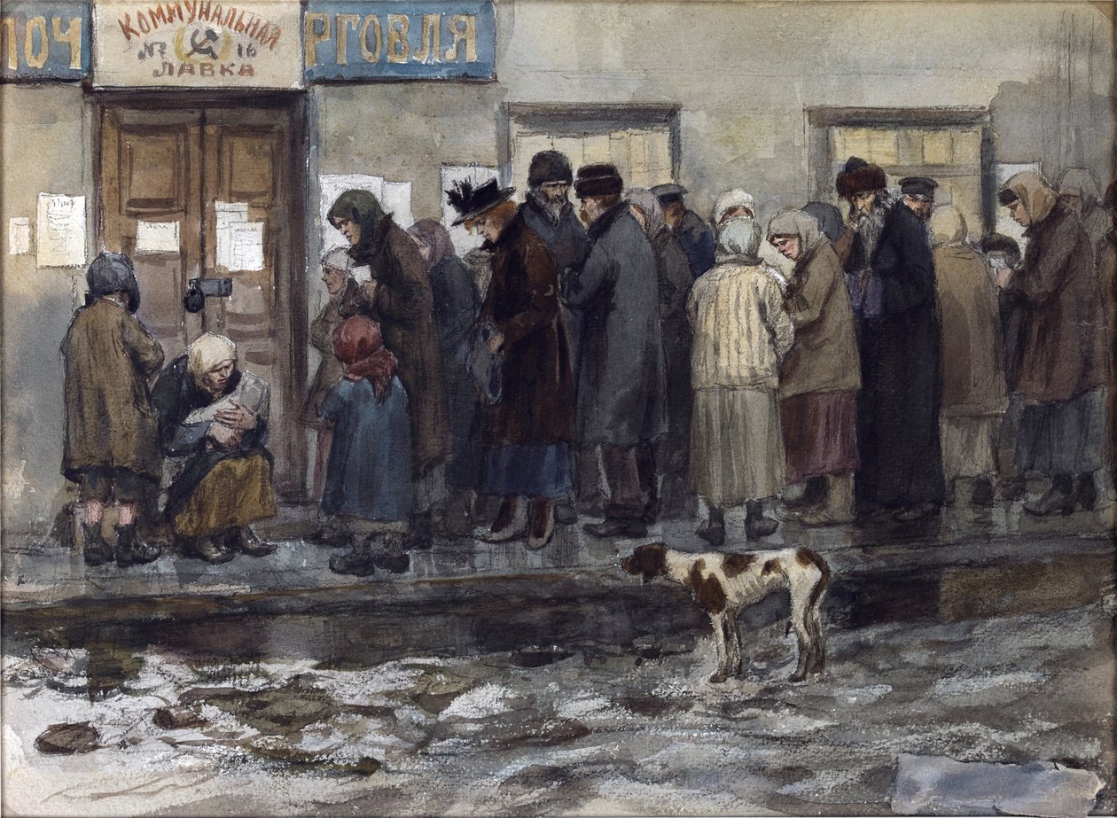Venter på å motta en åttendedel av et pund brød av Vladimirov, Ivan Alexeyevich (1869-1947). Akvarell, Gouache på papir av Ivan Alexeyevich Vladimirov