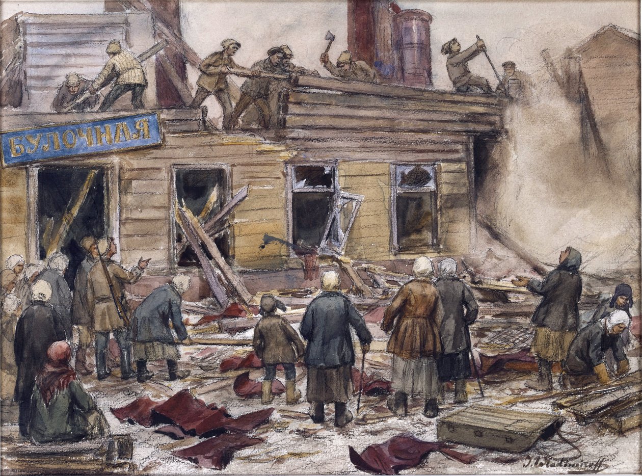 Arbeidere som river trehus for drivstoff av Vladimirov, Ivan Alexeyevich (1869-1947). Akvarell, Gouache på papir av Ivan Alexeyevich Vladimirov