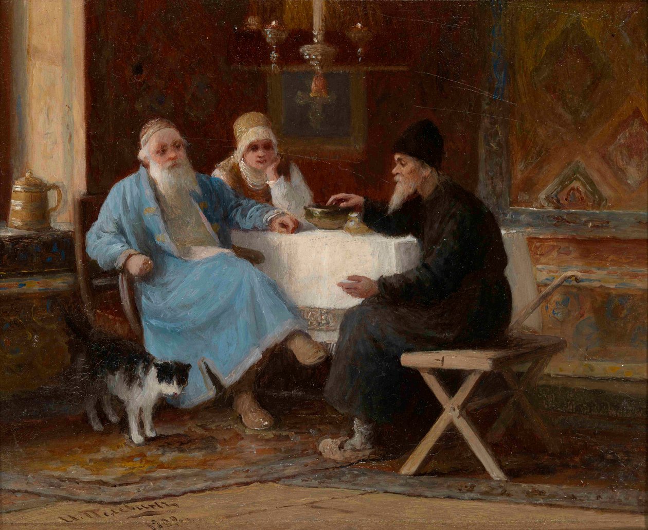 ""Samtale"" Tre figurer ved et bord - Maleri av Ivan Andreyevich Pelevin (1840-1917) 1909 Dim 15x20 cm Privat samling av Ivan Andreevich Pelevin