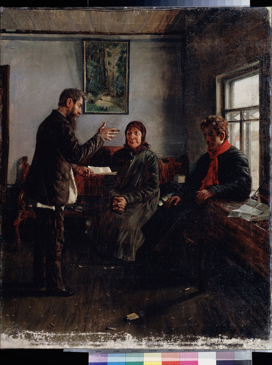 På advokatkontoret. Maleri av Ivan Anisimovich Mukhin (1876-1944), olje på lerret, russisk kunst fra 1800-tallet. Statens regionale I. Pozhalostin kunstmuseum, Ryazan (Russland) av Ivan Anisimovich Mukhin