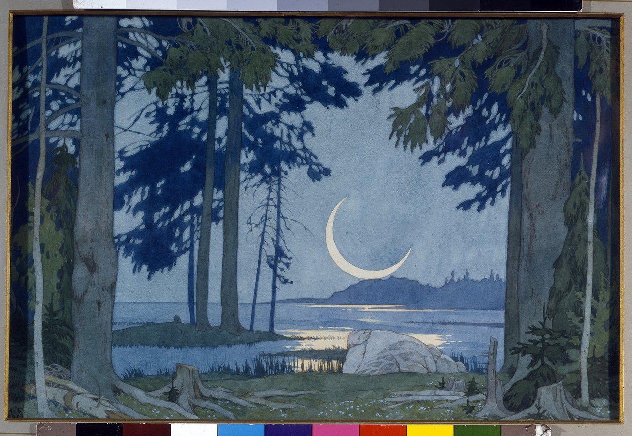 Måneskinn over Ilmensjøen. Sett for operaen Sadko av Nicholas (Nikolai) Rimsky Korsakov (Rimsky-Korsakov) (1844-1908) (Natt ved innsjøen Ilmen. Scenografi for operaen Sadko av N. Rimsky-Korsakov (Rimsky Korsakov). Verk av Ivan Yakolevich Bilibi av Ivan Yakovlevich Bilibin