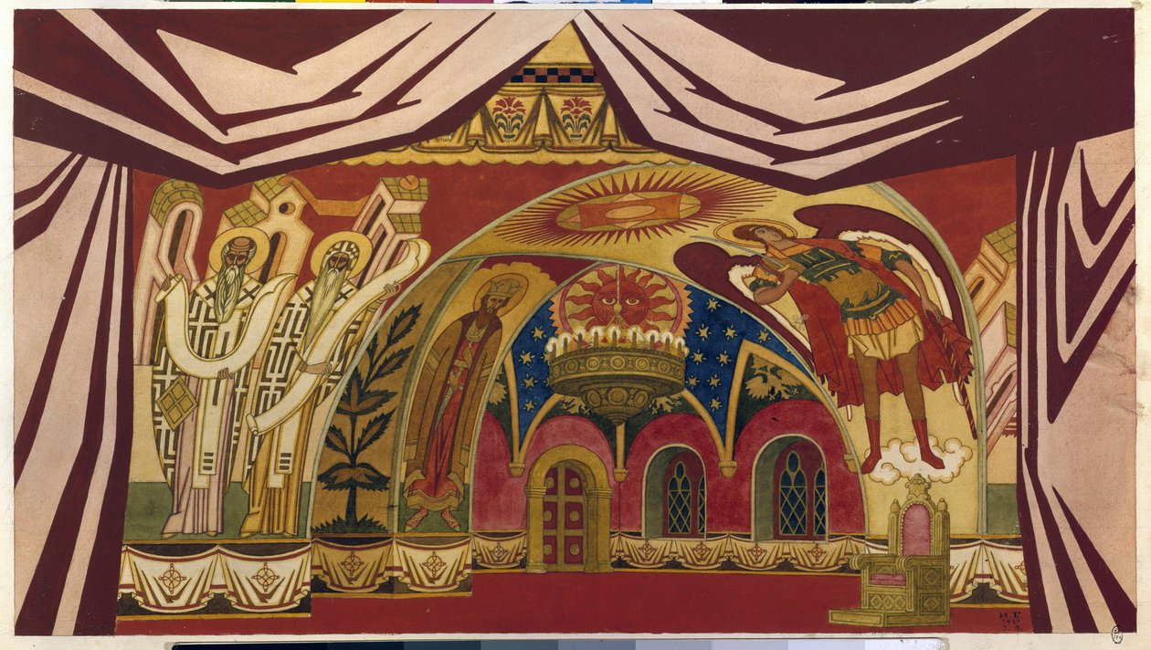 Dekor for operaen ""Tsarens brud"" av Nicolas (Nikolai) Rimsky Korsakov (Rimsky-Korsakov) (1844-1908). Verk av Ivan Yakovlevich Bilibin (Bilibin) (1876-1942), akvarell og gouache på papir av Ivan Yakovlevich Bilibin