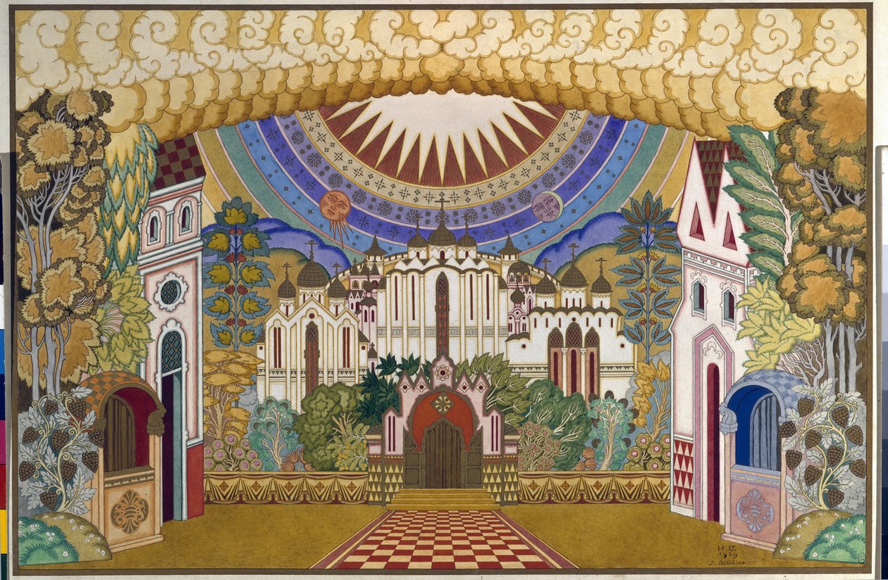 Scenery for operaen ""The Legend of the Invisible City of Kitege and the Maiden Fevronia"" (The Legend of the Invisible City of Kitege and the Virgin Fevronia), av Nicholas (Nikolai) Rimsky Korsakov (Rimsky-Korsakov) (1844- 1908). Kunstverk av Ivan Yakovle av Ivan Yakovlevich Bilibin