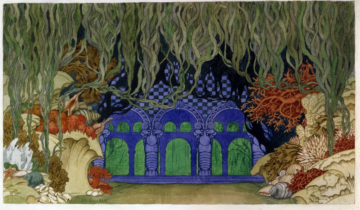 Forberedende sett til operaen Sadko av Nicholas (Nikolai) Rimsky Korsakov (Rimsky-Korsakov) (1844-1908). (Scenedesign for operaen Sadko av N. Rimsky Korsakov (Rimsky-Korsakov). Verk av Ivan Yakovlevich Bilibin (Bilibine) (1876-1942), akvarell og gå av Ivan Yakovlevich Bilibin