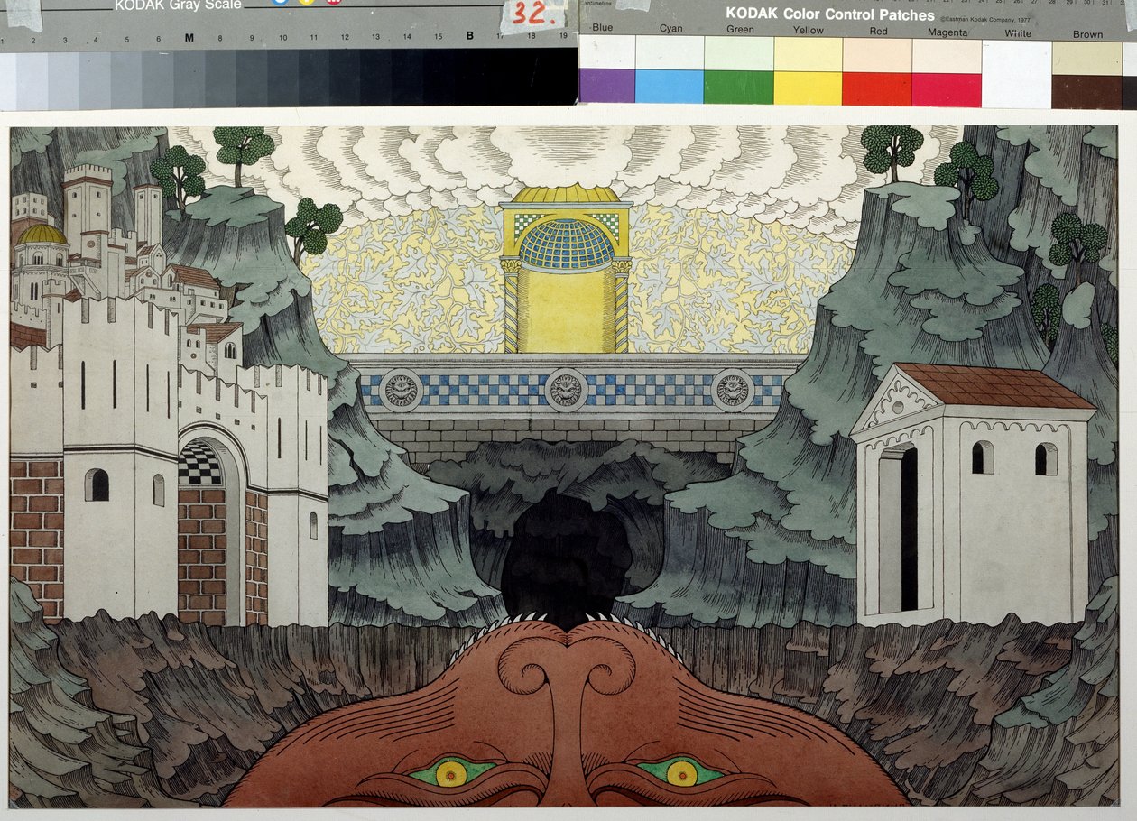 Forberedende tegning til stykket ""Le miracle de Theophile"" av Rutebeuf (1230-1285) (Scenedesign for stykket Le Miracle de Theophile av Rutebeuf). Maleri av Ivan Yakolevich Bilibin (Bilibin) (1876-1942). Akvarell og blekk på papir, 39,5 x 64 cm av Ivan Yakovlevich Bilibin
