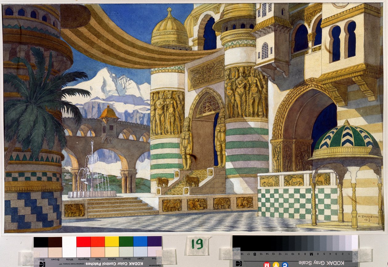 Forberedende tegning til dekoren av operaen "Rouslan og Ludmila" av Mikhail Igor Glinka (1804-1857) (Scenedesign for operaen Ruslan og Ludmila av M.Glinka). Maleri av Ivan Yakolevich Bilibin (Bilibin) (1876-1942). Akvarell og blekk på papir, 3 av Ivan Yakovlevich Bilibin