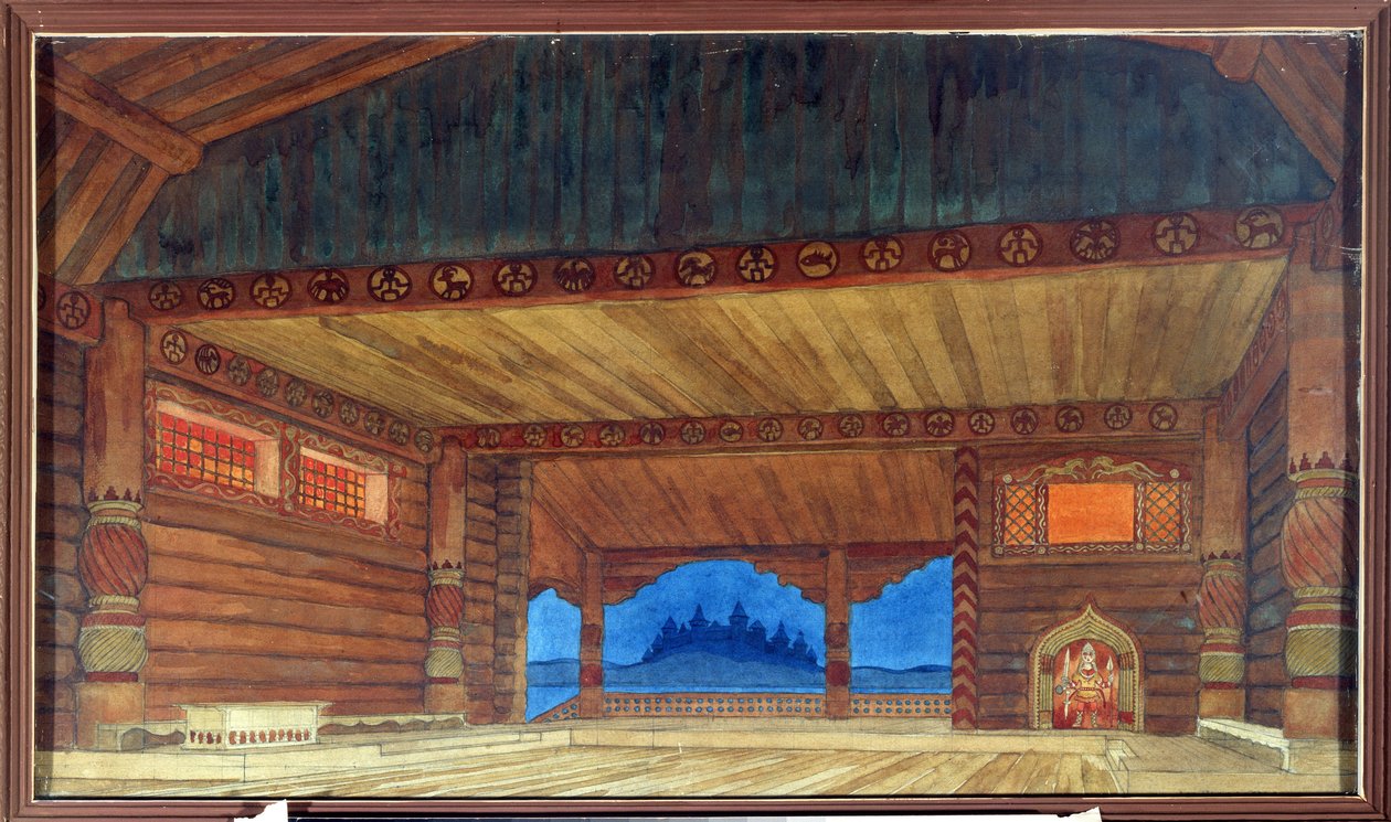 Forberedende tegning til dekoren av operaen Ruslan og Ludmila av Mikhail Igor Glinka (1804-1857) (Scenedesign for operaen Ruslan og Ludmila av M.Glinka). Maleri av Ivan Yakolevich Bilibin (Bilibin) (1876-1942). Akvarell på papir, 36 x 61 cm av Ivan Yakovlevich Bilibin
