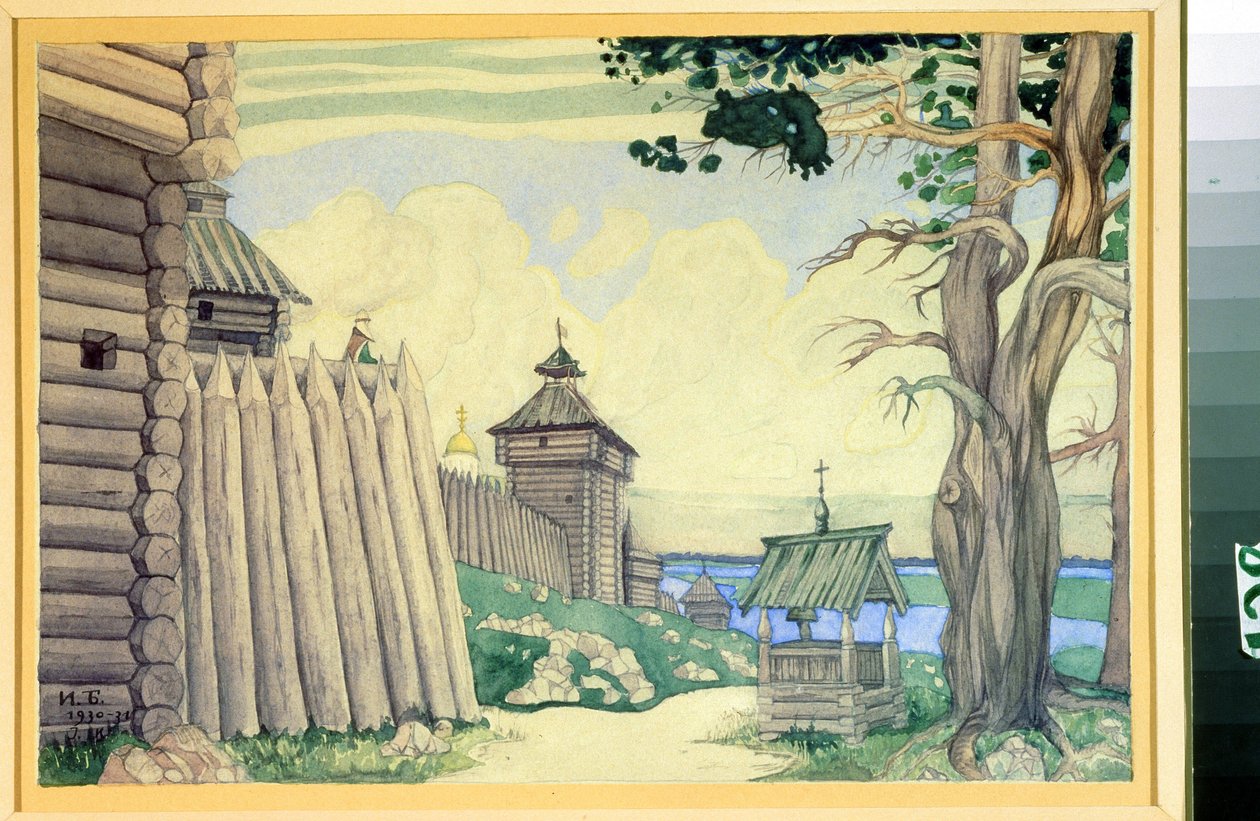 Forberedende tegning til operaen ""Prince Igor"" av Alexandre Borodin (1833-1887) (Scenedesign for operaen Prince Igor av A. Borodin). Tegning av Ivan Yakolevich Bilibin (Bilibin) (1876-1942). Akvarell på papir, 24 x 37 cm av Ivan Yakovlevich Bilibin