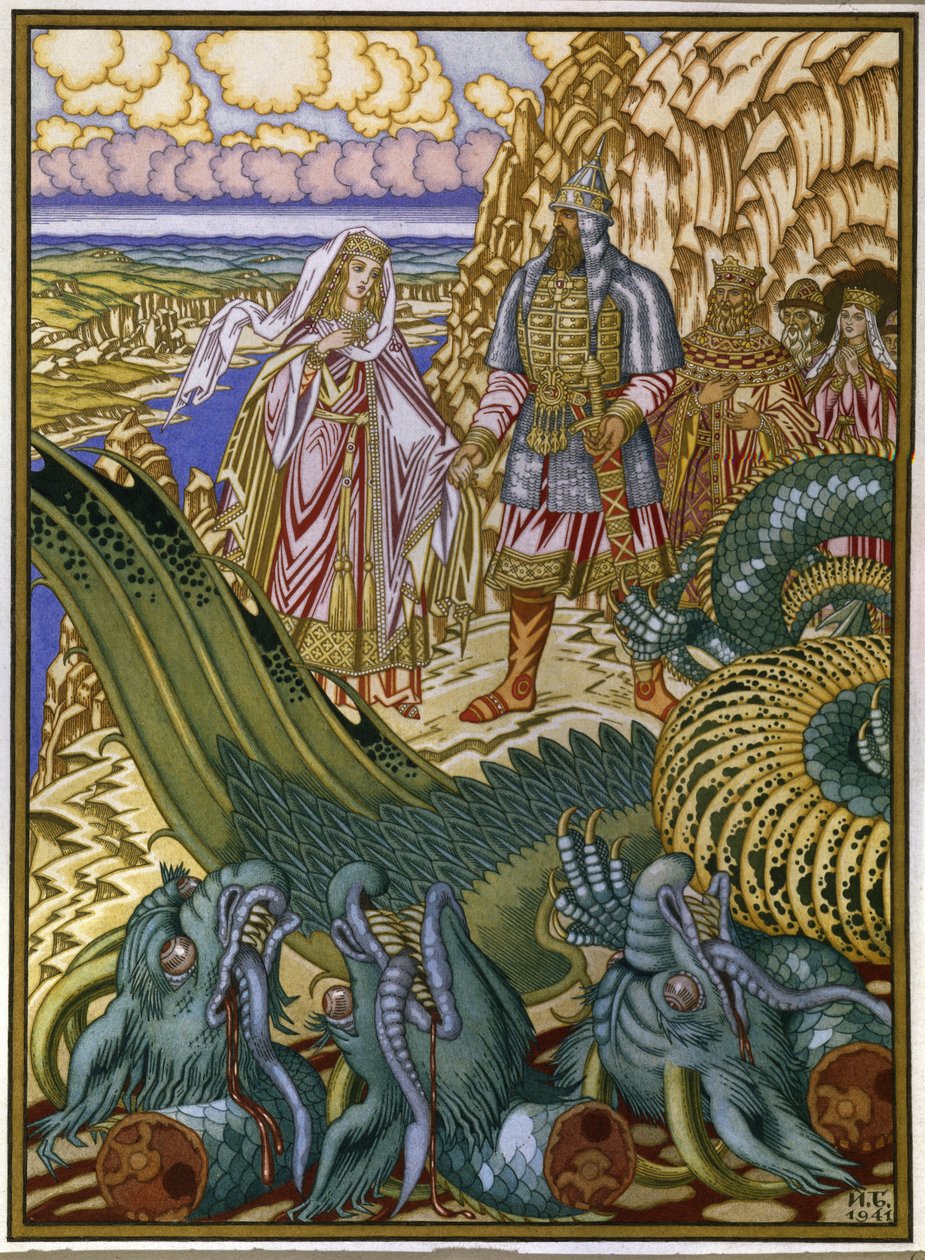 Dobrynia Nikitich redder Zabava Putyatishna fra dragen Gorynych. (Dobrynya Nikitich redder Zabava Putyatishna fra Dragon Gorynych). Tradisjonelt folkeeventyr fra Kievan Rus. Verk av Ivan Yakovlevich Bilibin (Bilibine) (1876-1942), akvarell og gouac av Ivan Yakovlevich Bilibin