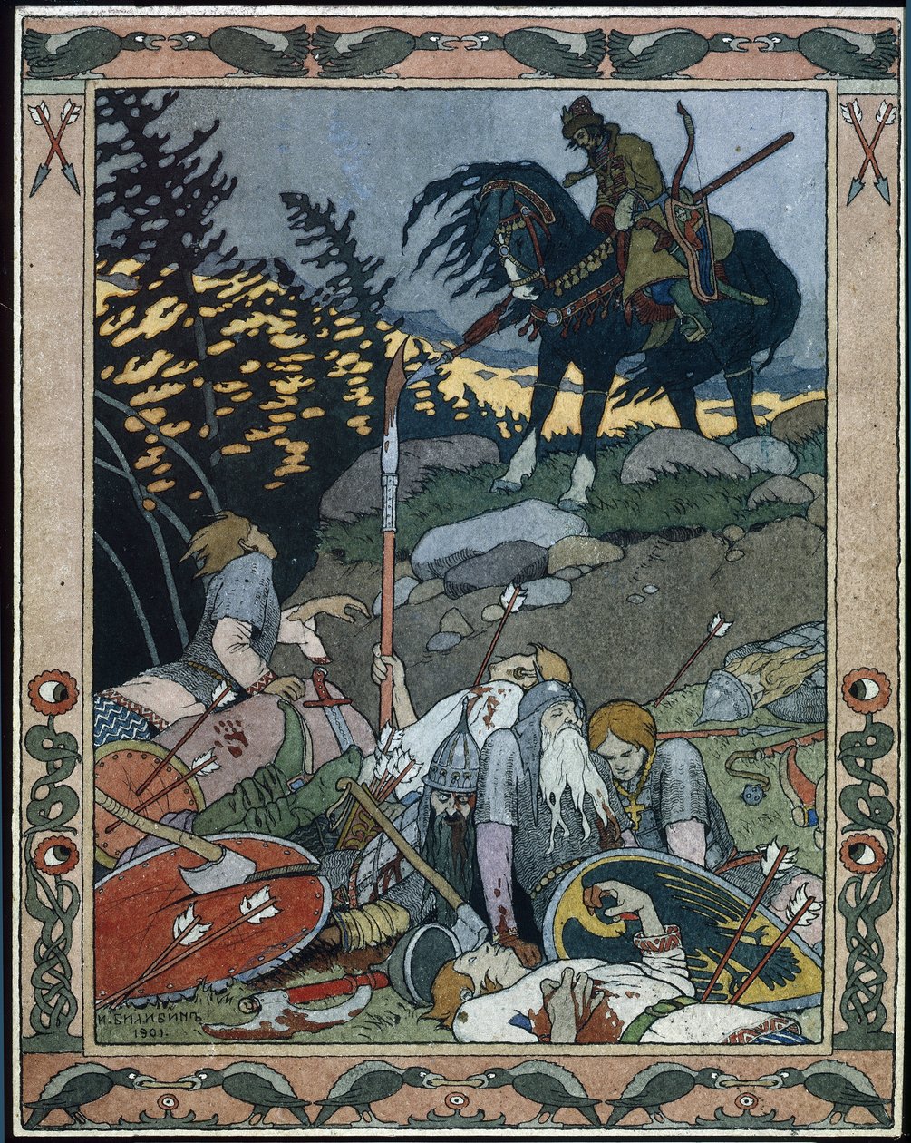 Illustrasjon til eventyret Maria des mers (Illustrasjon til eventyret Marya Morevna). Prins Ivan oppdager hæren beseiret av Maria Morevna, krigerdronningen. Verk av Ivan Yakovlevich Bilibin (Bilibin) (1876-1942), akvarell og blekk på papir av Ivan Yakovlevich Bilibin