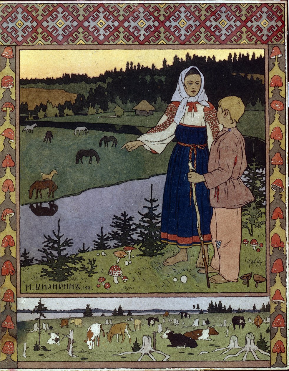 Illustrasjon for den tradisjonelle historien Alyonouchka og Ivanouchka. Verk av Ivan Yakovlevich Bilibin (Bilibin) (1876-1942), litografi av Ivan Yakovlevich Bilibin