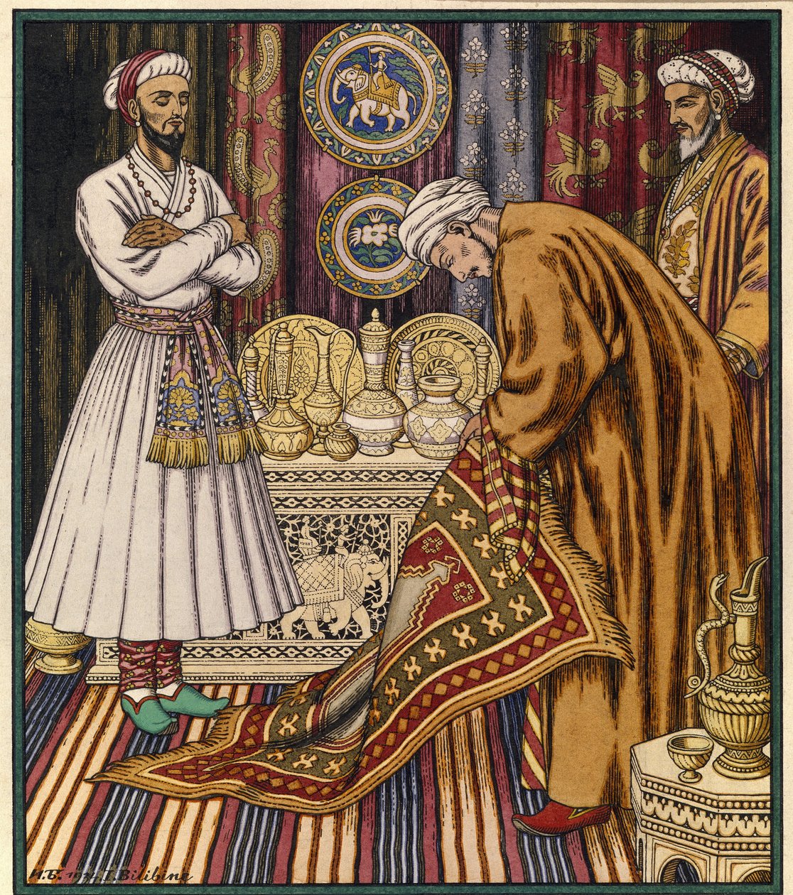 Prins Ali kjøper et magisk teppe. Illustrasjon for en arabisk fortelling. (Prins Ali kjøper et teppe). Maleri av Ivan Yakolevich Bilibin (Bilibin) (1876-1942). Akvarell på papir. St. Petersburg, Statens russiske museum. av Ivan Yakovlevich Bilibin