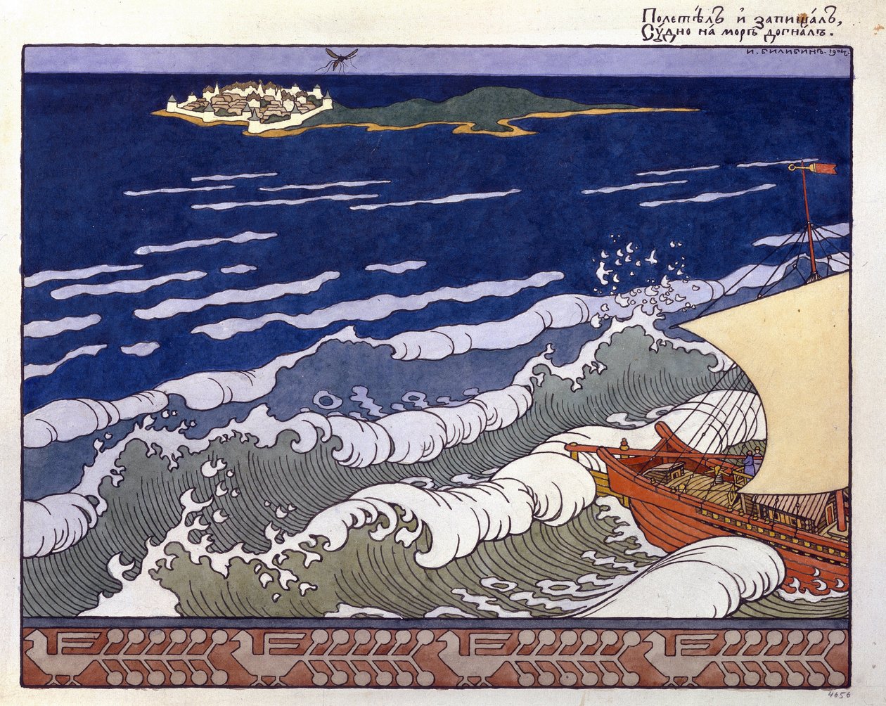 Båten setter kursen mot en øy, guidet av en humleflukt. Illustrasjon for ""Tale of Tsar Saltan"" av Alexander Pushkin (1799-1937). Verk av Ivan Yakovlevich Bilibin (Bilibin) (1876-1942), akvarell og gouache på papir av Ivan Yakovlevich Bilibin